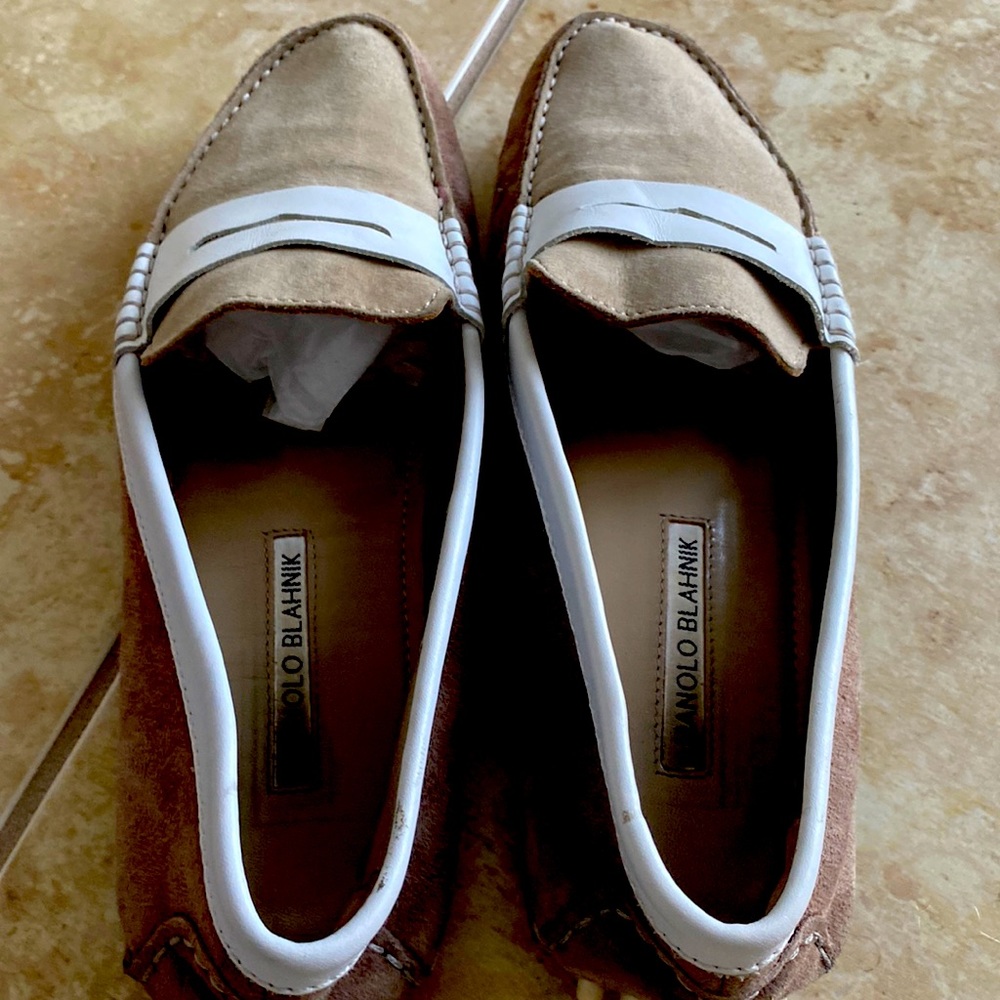 Manolo Blahnik tan suede/white leather loafers. Great condition.Size 38 1/2.